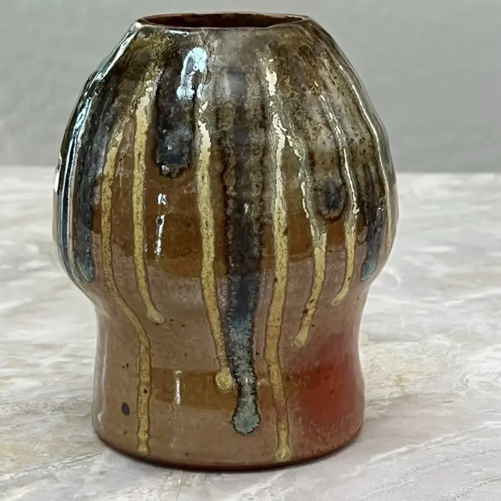 Studio Art Pottery Vase Brown Multicolor Drip Glaze Sculptural Form 5” Signed